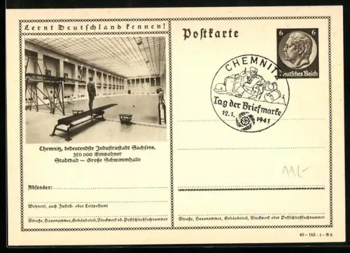 AK Chemnitz, Stadtbad, Grosse Schwimmhalle, Ganzsache Lernt Deutschland kennen