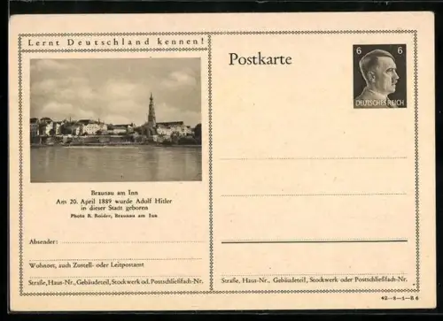 AK Braunau am Inn, Ortsansicht, Geburtsstadt von , Ganzsache Lernt Deutschland kennen