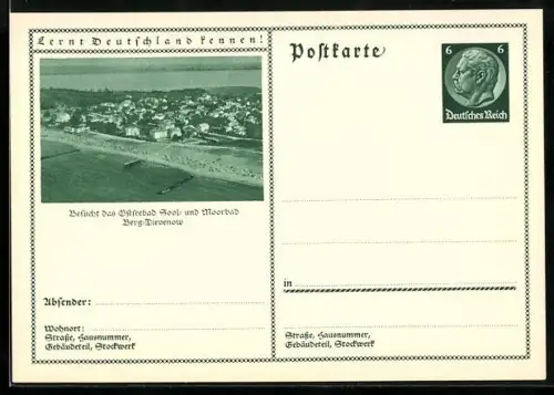AK Berg-Dievenow, Badestrand aus der Vogelschau, Ganzsache Lernt Deutschland kennen