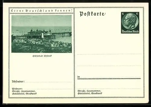 AK Ahlbeck, Strandansicht mit Seebrücke, Ganzsache Lernt Deutschland kennen