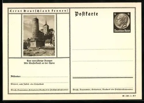 AK Bautzen, Alte Wasserkunst an der Spree, Ganzsache Lernt Deutschland kennen