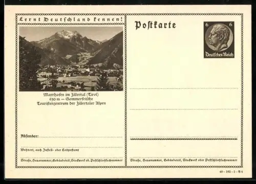 AK Mayrhofen im Zillertal, Ortsansicht mit Bergpanorama, Ganzsache Lernt Deutschland kennen