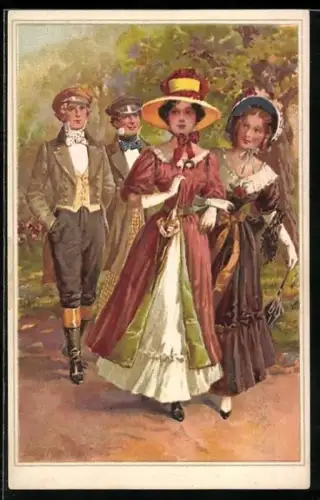 Künstler-AK Georg Mühlberg: Herrschaften gehen im Park spazieren