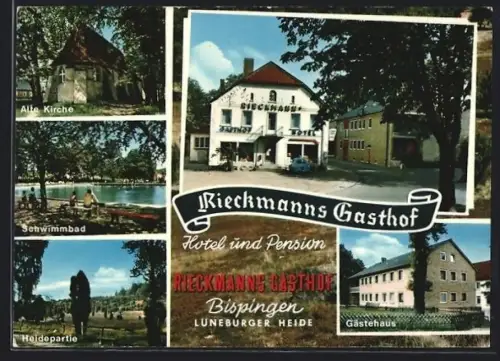 AK Bispingen /Soltau, Rieckmanns Gasthof, Alte Kirche, Schwimmbad