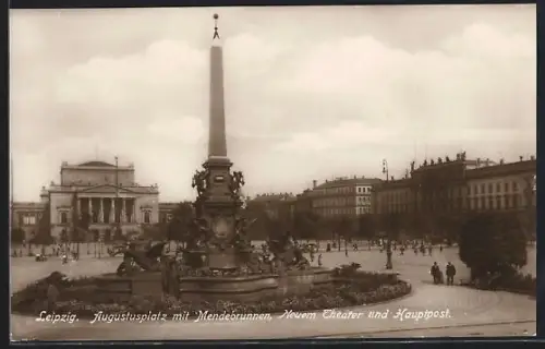 AK Leipzig, Augustusplatz mit Mendebrunnen, Neuem Theater und Hauptpost
