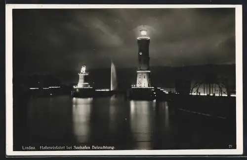 AK Lindau, Hafeneinfahrt bei Seehafen Beleuchtung