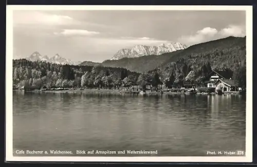 AK Walchensee, Cafe Bucherer, Blick auf Arnspitzen und Wettersteinwand