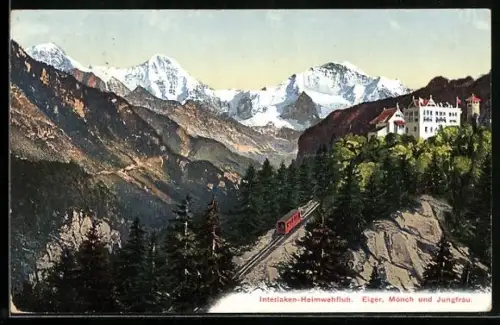 AK Interlaken-Heimwehfluh, Bergbahn gegen Eiger, Mönch und Jungfrau