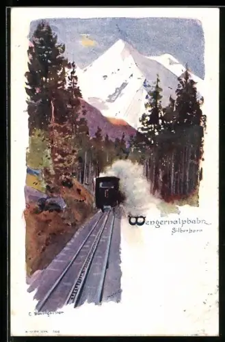 Künstler-AK Wengernalpbahn, Bergbahn & Gebirgspanorama