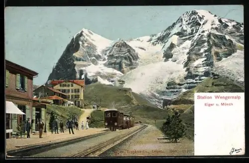 AK Wengernalp, Bergbahn fährt ab Richtung Richtung Eiger u. Mönch