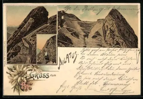 Lithographie Pilatus, Gasthaus auf dem Gipfel, Bergbahn