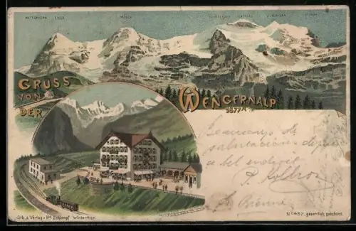 Lithographie Wengernalp, Bergpanorama, Gasthaus