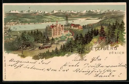 Lithographie Uetliberg, Restaurant mit Bergpanorama