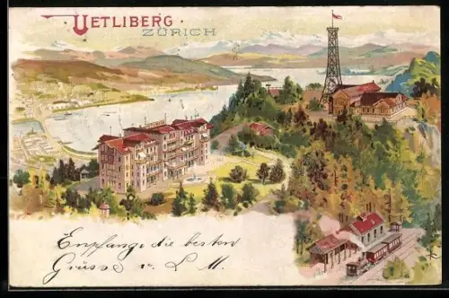 Lithographie Zürich, Panorama mit Gasthaus Uetliberg und Bahnhof