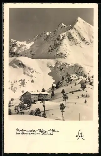 AK Dortmunder Hütte /Kühtai, Berghütte und Bergspitzen, Winteransicht