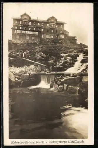 AK Elbfallbaude /Riesengebirge, Berghütte mit Elbfall