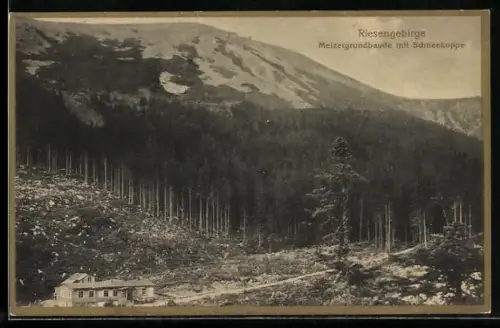 AK Melzergrundbaude /Riesengebirge, Berghütte mit Schneekoppe
