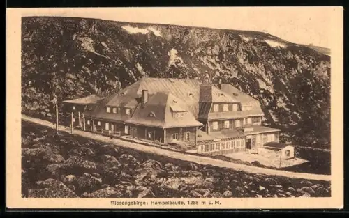 AK Hampelbaude /Riesengebirge, Berghütte aus der Vogelschau