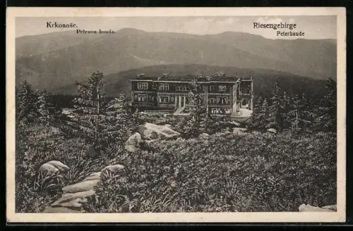 AK Peterbaude /Riesengebirge, Berghütte mit Umgebung u. Fernblick