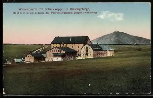 AK Wiesenbaude /Riesengebirge, Berghütte mit Schneekoppe