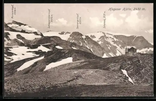 AK Hagener Hütte /Hohe Tauern, Berghütte mit Sparangerkopf-Panorama