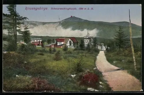 AK Schwarzschlagbaude /Riesengebirge, Berghütte, Panorama mit Weg