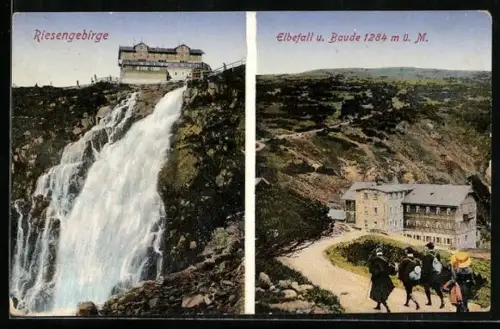 AK Elbfallbaude /Riesengebirge, Elbfall u. Baude, Wanderer