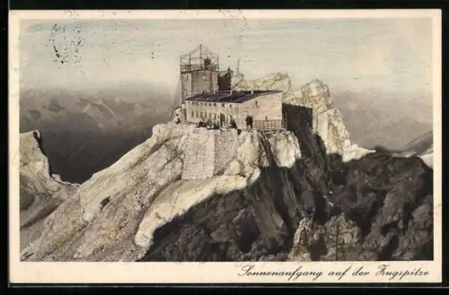 AK Münchner Haus, Berghütte beim Sonnenaufgang auf der Zugspitze