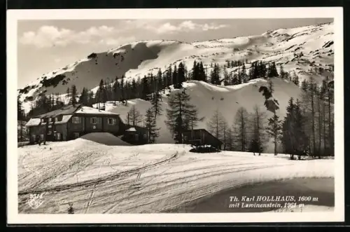 AK Tauplitz, Berggasthof Theodor Karl Holl-Haus mit Lawinenstein im Schnee