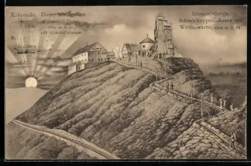 AK Schneekoppenhäuser, Ansicht des Gipfels der Schneekoppe im Licht der Morgensonne, mit Hüttenstempel