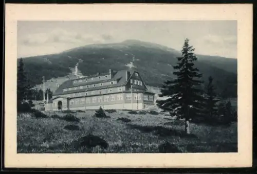 AK Spindlerbaude /Riesengebirge, Berghütte mit der kleinen Sturmhaube