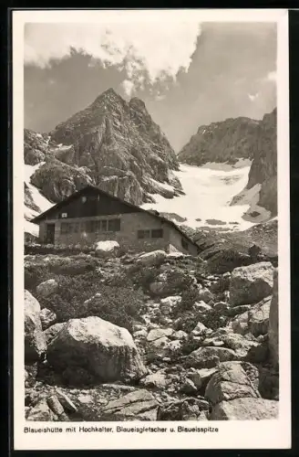 AK Blaueishütte, Blick gegen Hochkalter, Blaueisgletscher und Blaueisspitze