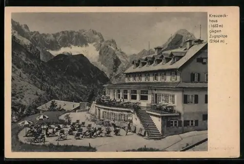 AK Garmisch, Kreuzeckhaus gegen Zugspitze