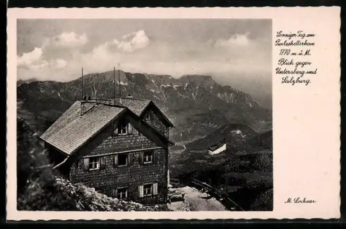 AK Purtschellerhaus, Berghütte der Sektion Sonneberg gegen Untersberg und Salzburg