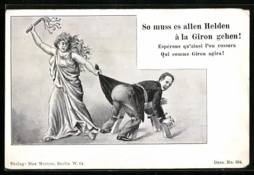 AK Karikatur Andre Giron, Frau peitscht Giron aus, Wer lieben will, muss leiden!