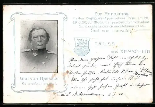 AK Remscheid, Regiments-Appell ehem. 130er 1906, Graf von Haeseler