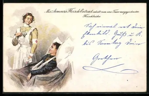 AK Krankenschwester bei einem verletzten Soldaten, Reklame Armour`s Fleisch Extract