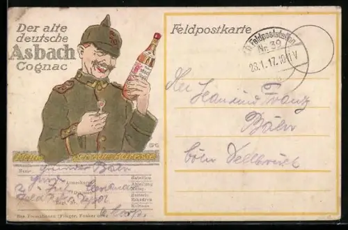 AK Reklame Asbach Cognac, Glücklicher Soldat mit einer Flasche Cognac