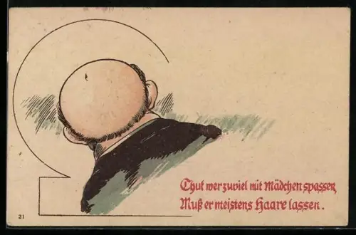 Lithographie Mann mit Glatze von hinten gesehen, Thut wer zuviel mit Mädchen spassen muss er meistens..., früher Druck