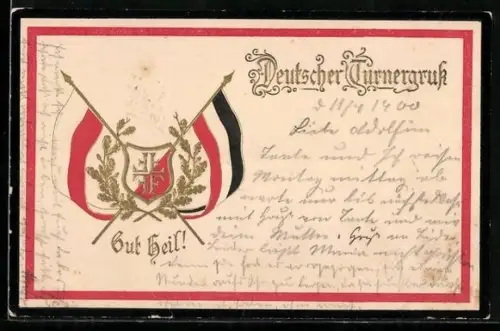 Präge-AK Turner Wappen mit Flaggen, Gut Heil