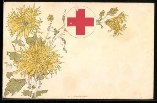 AK Rotes Kreuz mit gelben Blüten