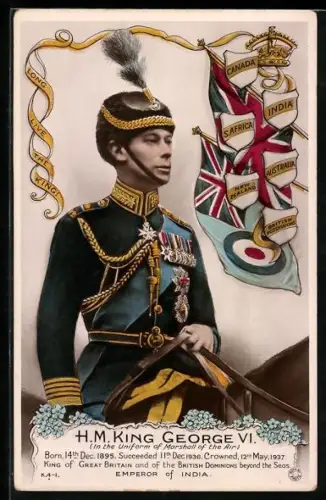 AK König George VI. von England in Uniform zu Pferde, britische Flagge