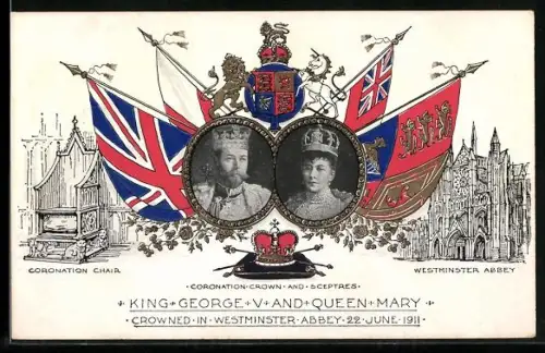 AK London, King George V. and Queen Mary crowned in Westminster Abbey 1911, Coronation Chair, Passepartout