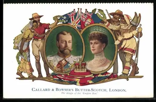 Künstler-AK London, Callard & Bowser`s Butter-Scotch, Königspaar von England, Passepartout