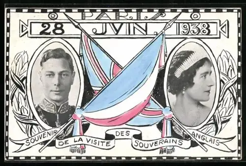 AK Königspaar von England, Fahnen 1938, Passepartout