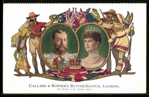 Künstler-AK London, Callard & Bowser`s Butter-Scotch, Königspaar von England, Passepartout