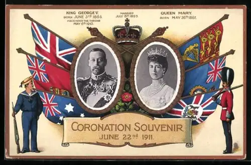 AK King George V. married Queen Mary von England, Coronation 1911, Matrose u. Soldat in Uniform mit Gewehr