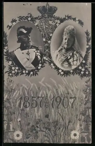 AK König Oscar II. von Schweden in Uniform mit Zweispitz, 50-jähriges Hochzeitsjubiläum 1907