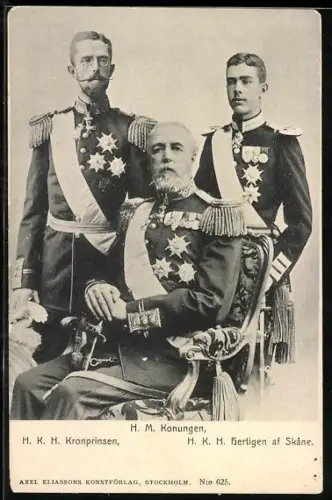 AK H.M. Konungen Oscar II., H.K.H. Kronprinsen Gustav, H.K.H. Hertigen af Skane