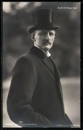 AK Prinz Carl von Schweden im Mantel mit Zylinder